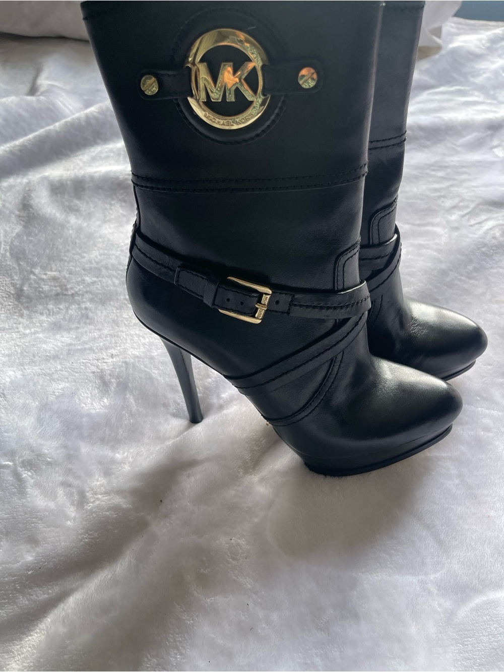 Michael Kors Black Leather High-Heel Knee Boot with Gold Logo